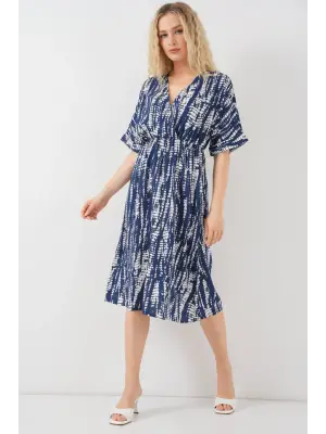 Desenli Kısa Kol Elbise 2569 - Lacivert