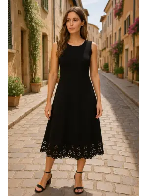 Omarı Etek Ucu Lazer Kesim Çiçek Desenli Elbise