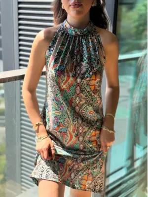 Omarı Desenli Midi Elbise