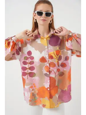 Turuncu Desenli Overize Gömlek Tunik Kadın Giyim