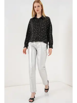 Desenli Oversize Gömlek 20361 - Siyah - Gümüş