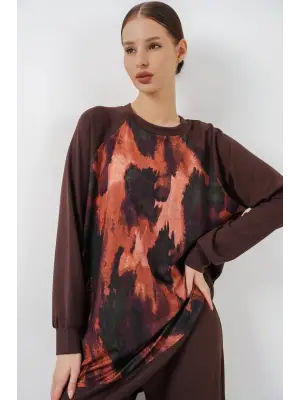 Desenli Oversize Tunik Pantolon İkili Takım 55462 - Kahverengi