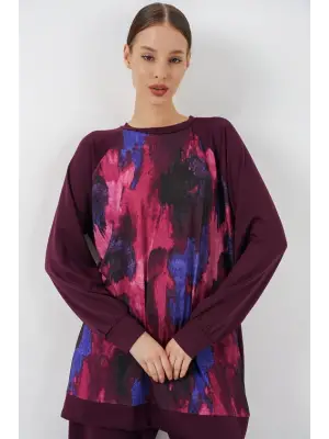 Desenli Oversize Tunik Pantolon İkili Takım 55462 - Mor