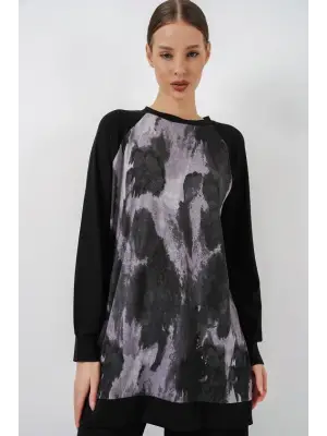 Desenli Oversize Tunik Pantolon İkili Takım 55462 - Siyah