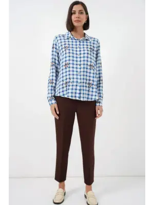 Desenli Oversize Viskon Gömlek 20371 - Mavi