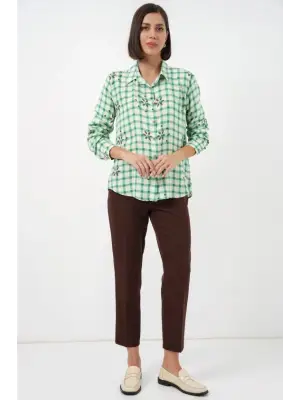 Desenli Oversize Viskon Gömlek 20371 - Yeşil