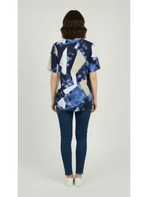 Desenli Püsküllü Viskon Bluz Bebe Yaka Kısa Kollu Big Size Rahat Kesim - Desenli