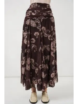 Desenli Şifon Etek 8057 - Kahverengi