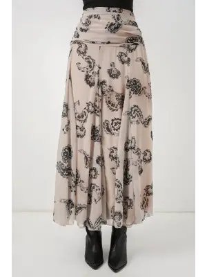 Desenli Şifon Etek 8057 - Krem