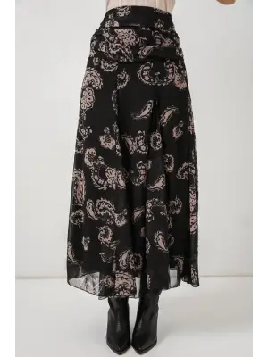 Desenli Şifon Etek 8057 - Siyah