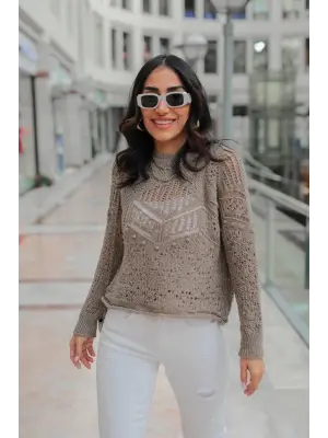 Desenli triko kazak gri