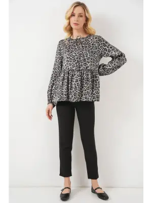 Desenli Uzun Kol Bluz 970 - Antrasit