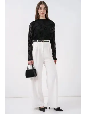 Zarif Desenli Uzun Kol Bluz - Siyah