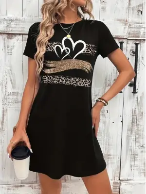 Omarı Kadın Desenli Kısa Kollu Elbise