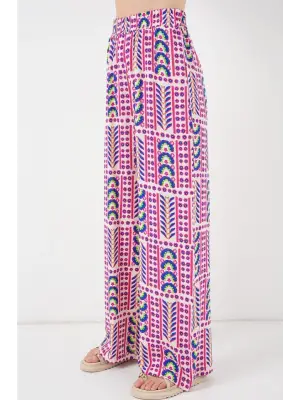 Desenli Viskon Pantolon 6749 - Fuşya