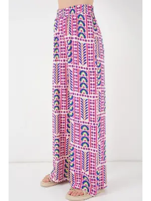 Desenli Viskon Pantolon 6749 - Fuşya