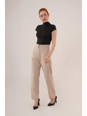 Omarı Çift Pens Detaylı Siyah Krem Pantolon