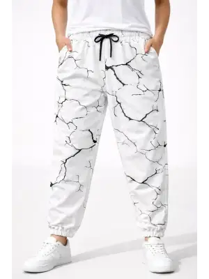 Dijital Baskılı Eşofman Altı Kışlık Üç İplik Şardonlu Kumaş Lastikli Paça, Cepli, Rahat Kalıp - Beyaz