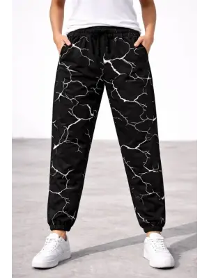 Dijital Baskılı Eşofman Altı Kışlık Üç İplik Şardonlu Kumaş Lastikli Paça, Cepli, Rahat Kalıp - Siyah