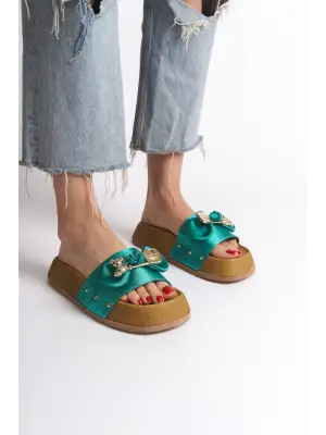 Şık Saten Bayan Terlik SKısa Topuk - Yeşil