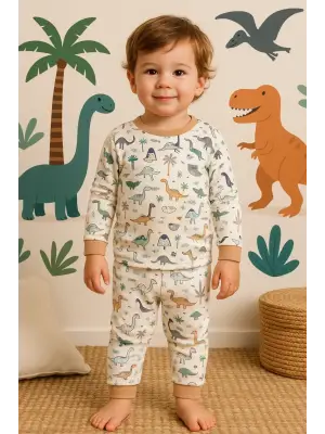 Dinazor Desenli Erkek Bebek Eşofman Takımı %100 Pamuk