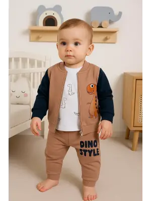 Dinazor Desenli Hırkalı 3lü Erkek Bebek Takım