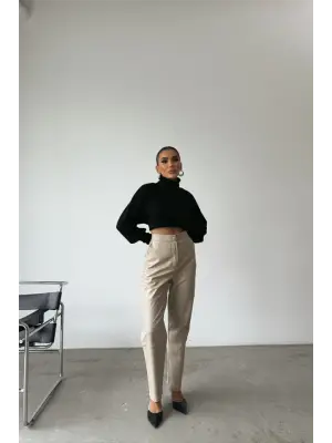 Omarı Yüksek Kaliteli Deri Pantolon - Diz Parçalı