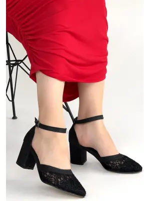 Dmop Siyah Cilt Simli Tül Detaylı Topuklu Ayakkabı