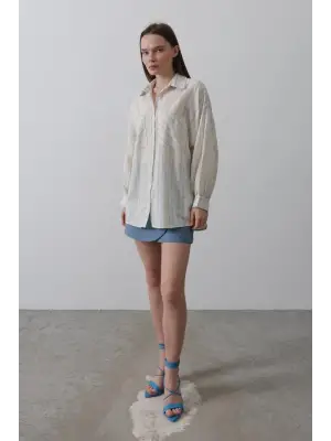 Omarı Rahat Kesim Bej Mavi Gömlek