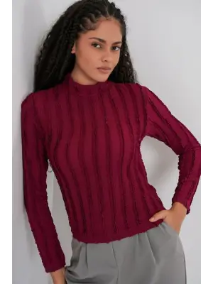 Dokulu Esnek Örme Bluz 975 - Bordo