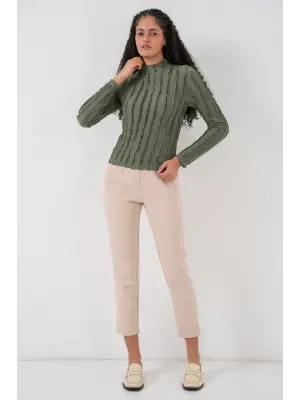 Dokulu Esnek Örme Bluz 975 - Haki