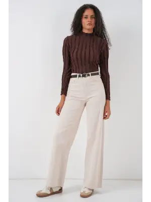 Dokulu Esnek Örme Bluz 975 - Kahverengi