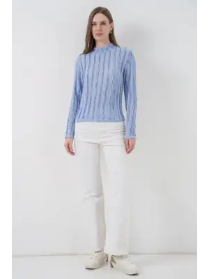 Dokulu Esnek Örme Bluz 975 - Mavi