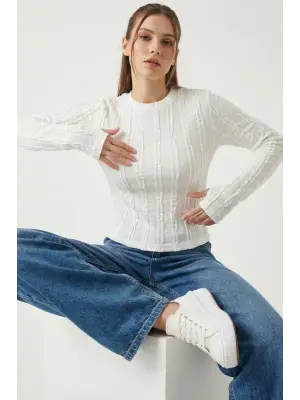 Dokulu Örme Bluz 980 - Beyaz