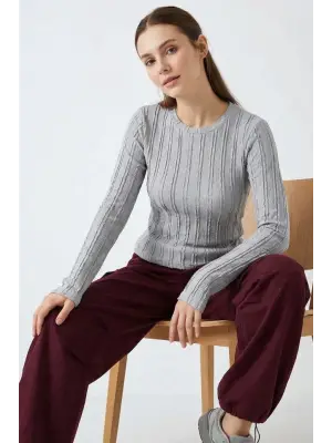 Dokulu Örme Bluz 980 - Gri