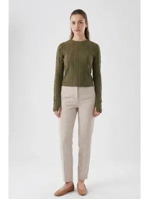 Dokulu Örme Bluz 980 - Haki