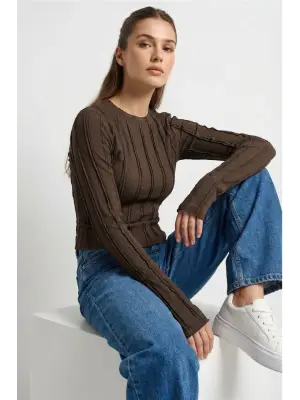 Dokulu Örme Bluz 980 - Kahverengi