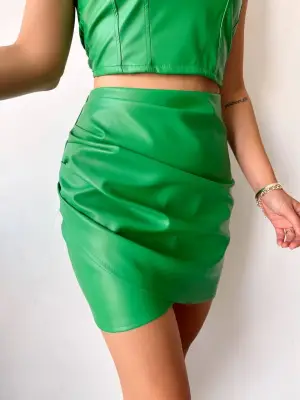 Drapeli deri etek yeşil s24771