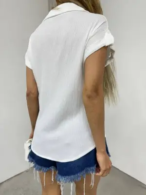 Duble Kol Tek Cepli Bürümcük Gömlek  -Beyaz