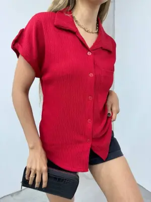 Omarı Bürümcük Detaylı Tek Kol Cepli Gömlek - Bordo