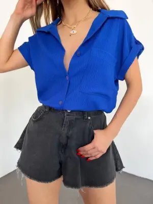 Omarı Şık ve Rahat Tek Cepli Bürümcük Gömlek -Saks