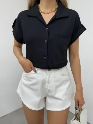 Omarı Siyah Bürümcük Detaylı Tek Kol Gömlek