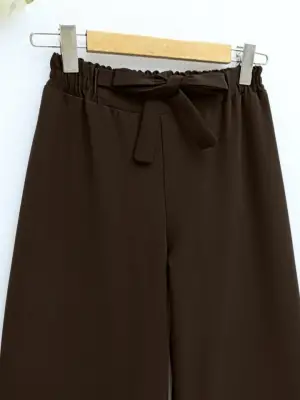 Duble Kumaş Beli Kuşaklı Bol Paça Pantolon  -Kahve