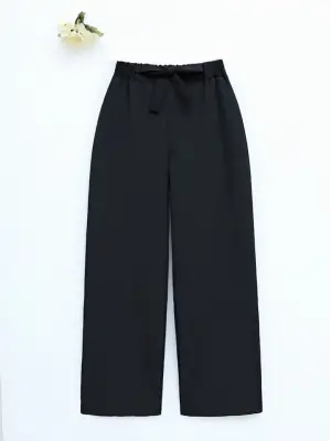 Duble Kumaş Beli Kuşaklı Bol Paça Pantolon -Siyah