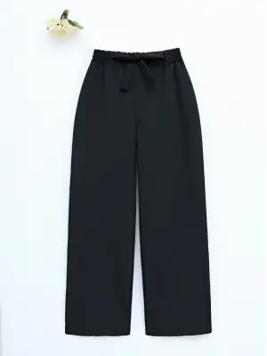 Duble Kumaş Beli Kuşaklı Bol Paça Pantolon -Siyah