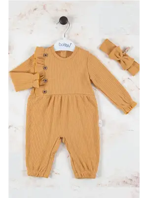 Düğme Detaylı Bandanalı % 100 Pamuk Kız Bebek Tulumu