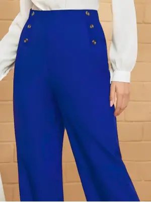 Omarı Düğme Detay Bol Paça Krep Pantolon