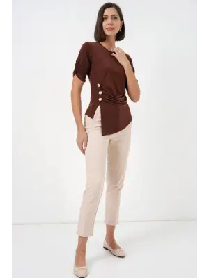 Düğme Detaylı Sandy Bluz 992 - Kahverengi