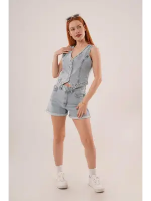 Düğme Ve Ön Dikiş Detaylı Mavi Jean Yelek