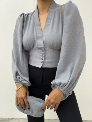 Omarı Gri Balon Kol Crop Bluz